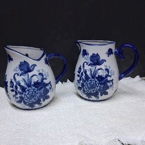 2 Vintage Cobalt Blue & White Pitcher Style Porcelain Wall Pockets